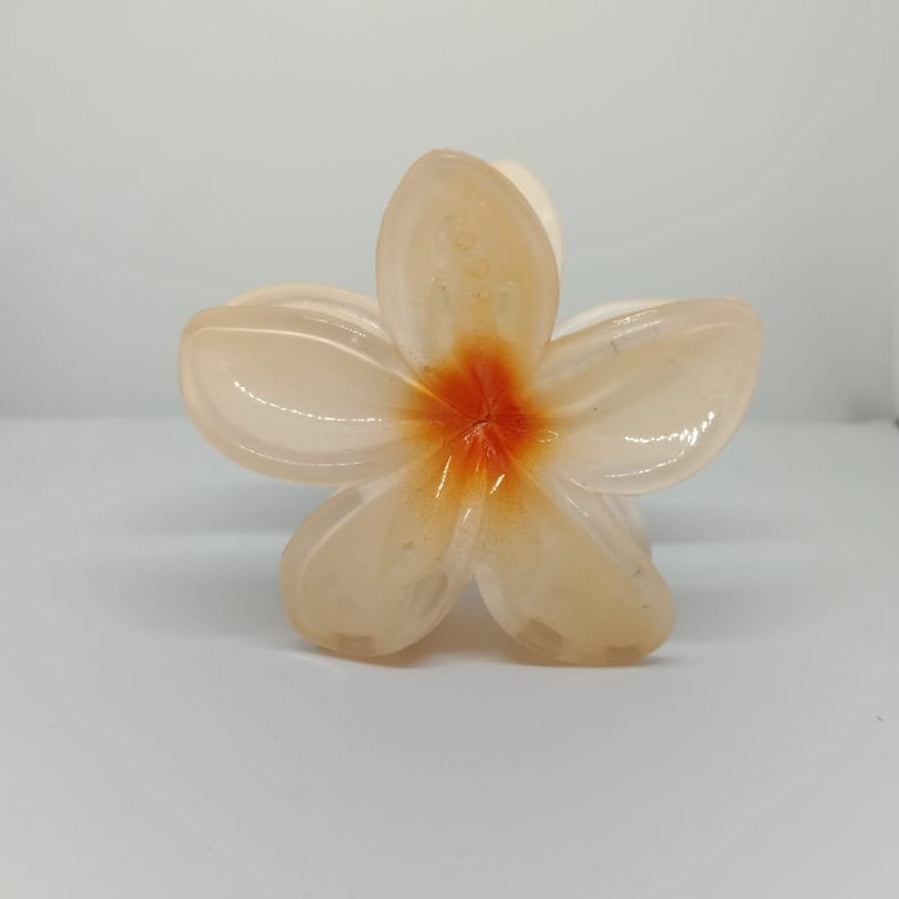 Serraw coral flower hair clip with translucent petals and orange center for decorative hairstyle